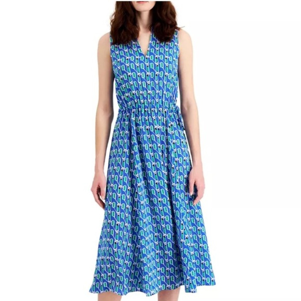 Anne Klein Women Plus Size 3X Blue Lapis Combo Sleeveless V Neck Midi Dress NWT